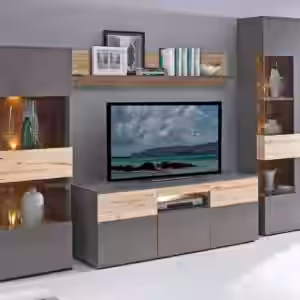 Wohnwand COMO rechts Optik: Grau / Planked Eiche mit LED Beleuchtung EAN:4250983122527